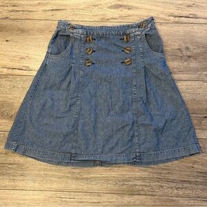 Vintage Y2K Pleated Denim A-Line Midi Skirt with Buttons